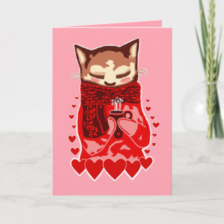 Cozy Cat & Hearts Pink Greeting Card