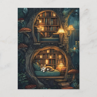 Cozy Cat in a Magical Treehouse Library Holiday Postcard