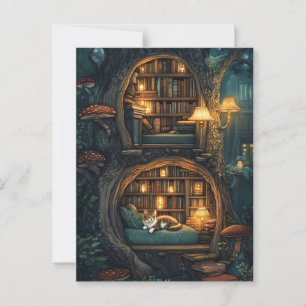 Cozy Cat in a Magical Treehouse Library Postcard