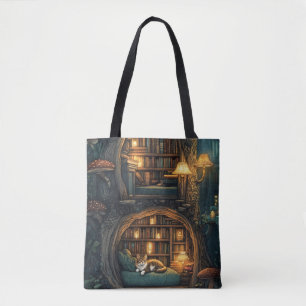 Cozy Cat in a Magical Treehouse Library Tote Bag