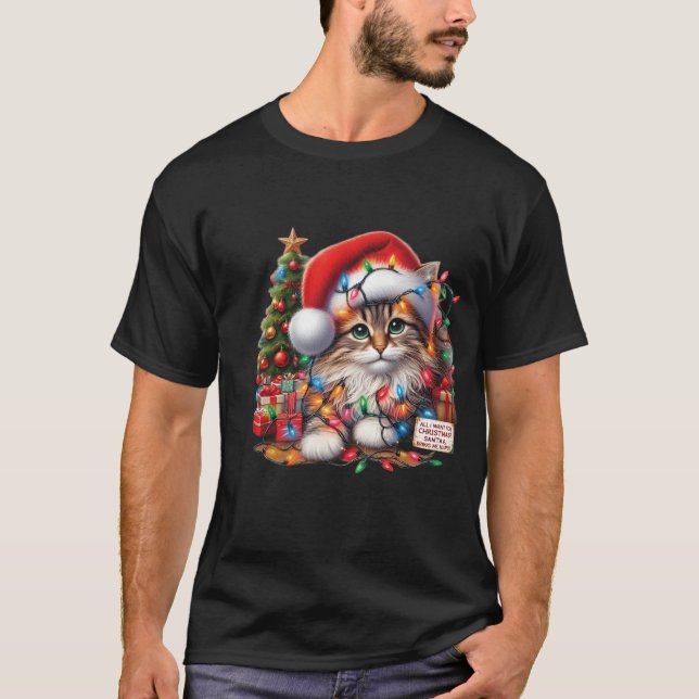 Cozy Cat in Christmas Lights, Santa Hat  T-Shirt (Front)