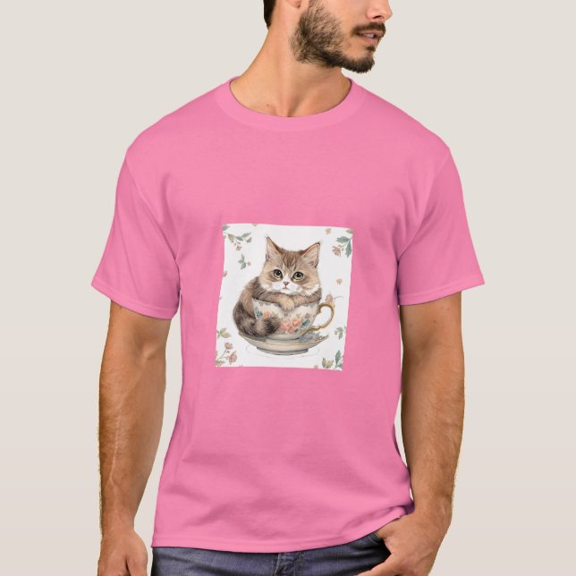 Cozy Cat in Teacup Illustration T-Shirt (Front)