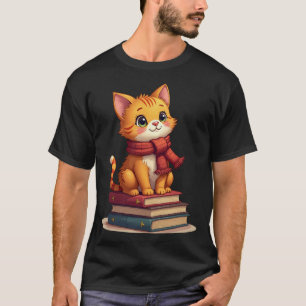 Cozy Cat Lover with Knitted Scarf and Autumn Books T-Shirt