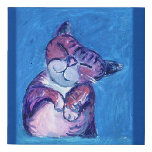  Cozy Cat Painted Kitty Cute Feline Fun Blue Faux Canvas Print