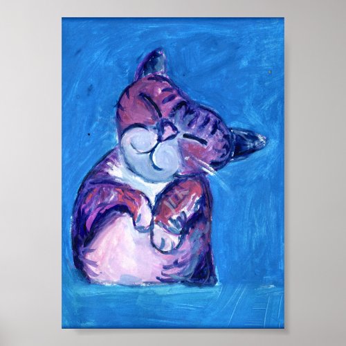  Cozy Cat Painted Kitty Cute Feline Fun Blue Poster