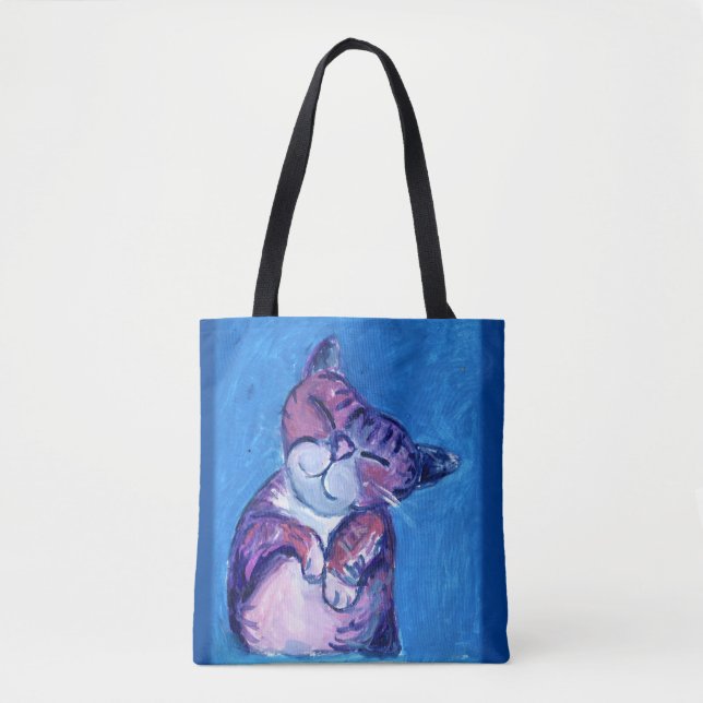  Cozy Cat Painted Kitty Cute Feline Fun Blue Tote Bag (Front)
