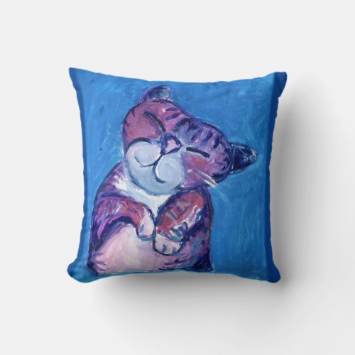  Cozy Cat Painted Kitty Cute Feline on Blue Throw Pillow