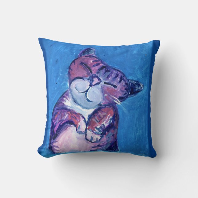  Cozy Cat Painted Kitty Cute Feline on Blue Throw Pillow (Front)