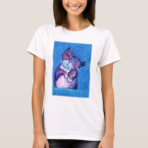  Cozy Cat Painting Cute Feline on Blue T_Shirt