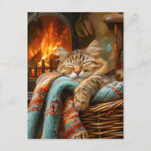 Cozy Cat Sleeping in Basket by Warm Fireplace Postcard