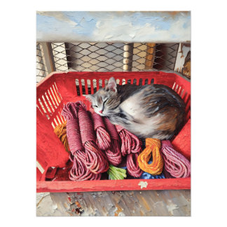 Cozy Cat Sleeping in Red Basket Filled with Ropes Photo Print