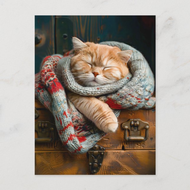 Cozy Cat Sleeping on a wooden box Postcard (Front)