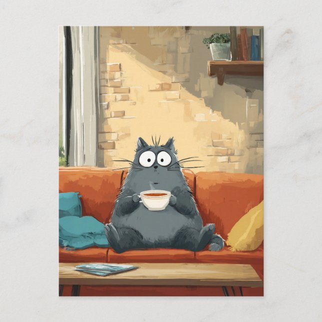 Cozy Cat with Coffee Postcard (Front)