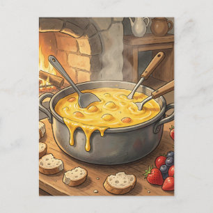 Cozy Cheese Fondue Fireplace Postcard