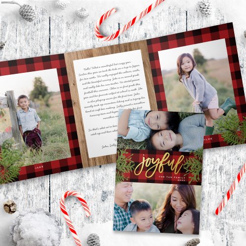 Cozy Chic Red Plaid Gold Christmas Photo Card