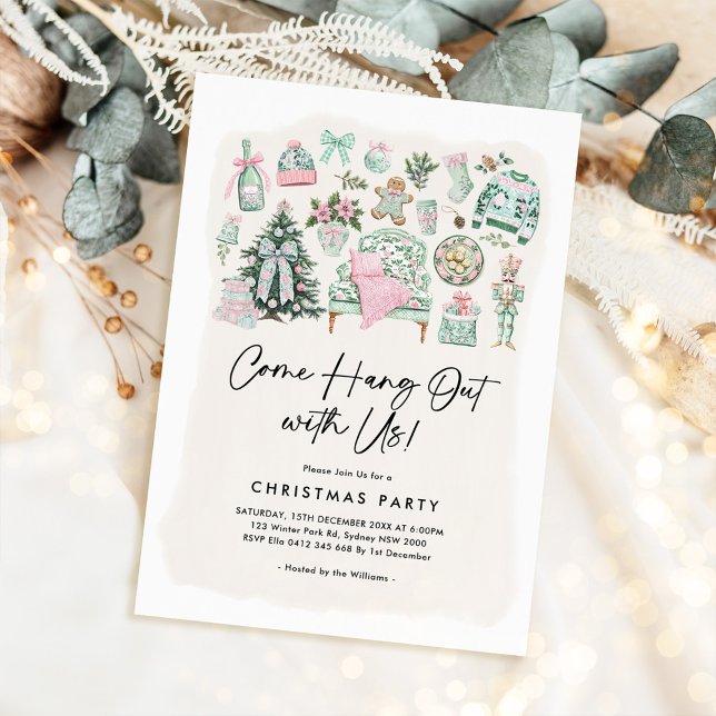 Cozy Chinoiserie Sage Green Pink Christmas Party Invitation (Creator Uploaded)