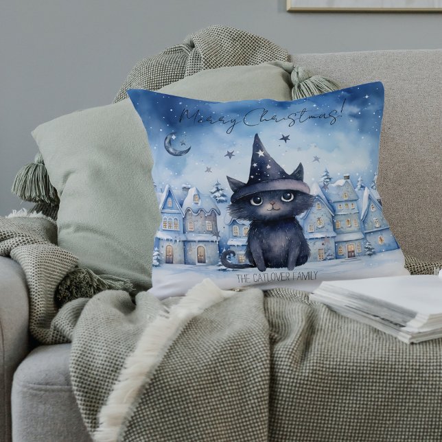 Cozy Christmas Black Cat Winter Holiday Decor Throw Pillow (Black Wizard Cat Christmas Throw Pillow - Magical Throw Pillow with Unique Watercolor Design)
