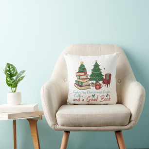 Cozy Christmas Book Lover Fueled by Coffee & Read Throw Pillow