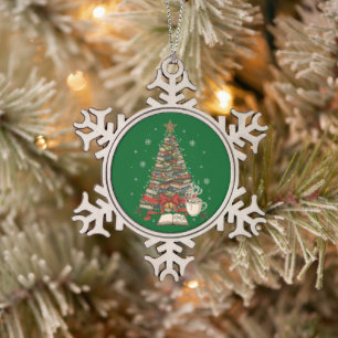 Cozy Christmas Book Tree for Readers & Bookworms Snowflake Pewter Christmas Ornament