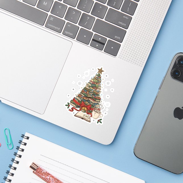 Cozy Christmas Book Tree for Readers & Bookworms Sticker (Laptop w/ iPhone)