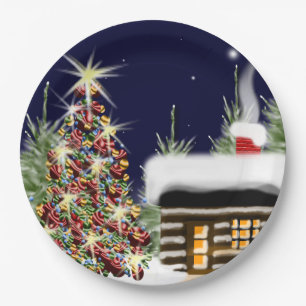 Cozy Christmas Cabin Holiday Scene Xmas Design Paper Plates