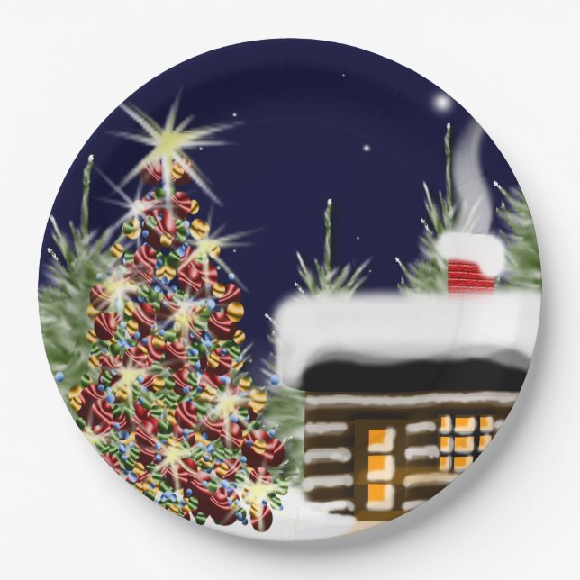 Cozy Christmas Cabin Holiday Scene Xmas Design Paper Plates (Front)
