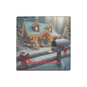 Cozy Christmas Cabin Winter Wonderland Stone Magnet