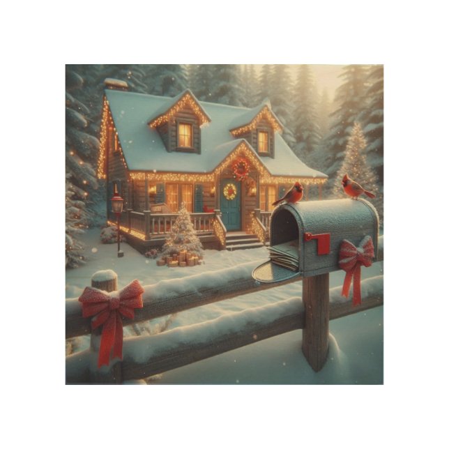 Cozy Christmas Cabin Winter Wonderland Wood Wall Art (Front)
