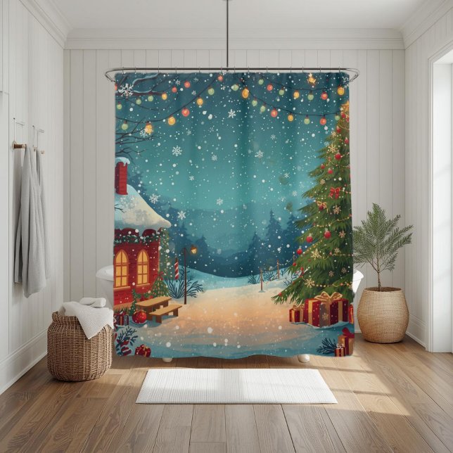 Cozy Christmas Cabin with Snowy Winter Scene Shower Curtain (Creator Uploaded)