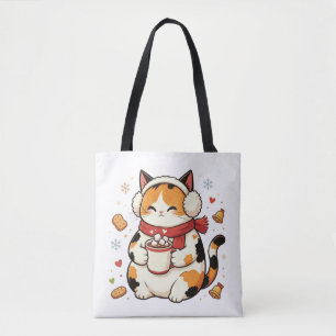 Cozy Christmas Calico Cat Tote Bag