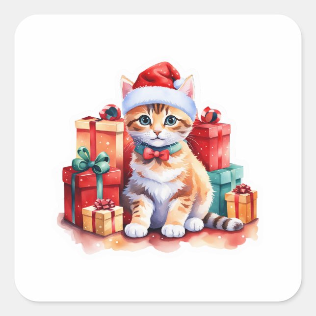 Cozy Christmas Cat Sticker – Cute Kitty with Gift  (Front)