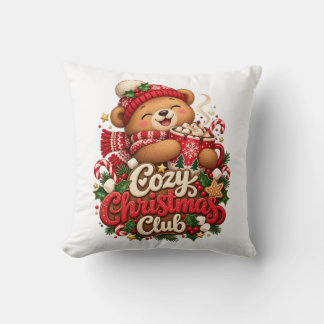 Cozy Christmas Club Teddy Bear Throw Pillow