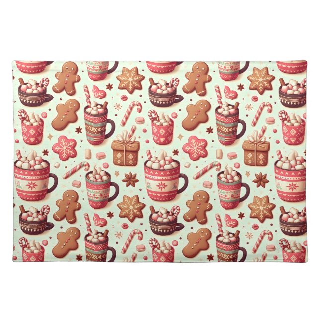 Cozy Christmas Cocoa and Gingerbread Pattern Cloth Placemat (Front)