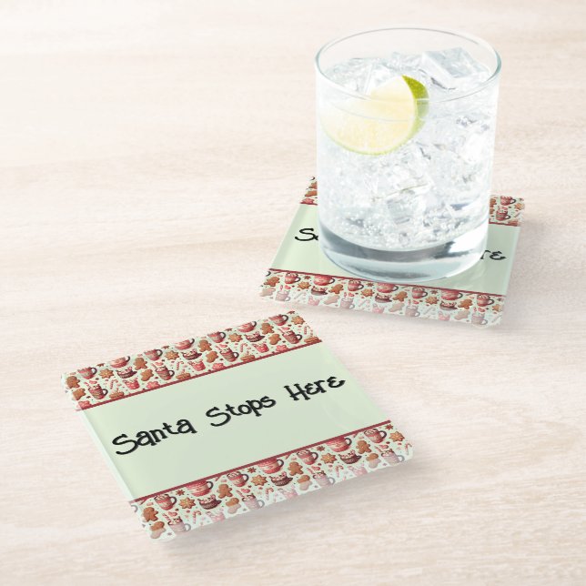 Cozy Christmas Cocoa and Gingerbread Pattern Glass Coaster (Angled)