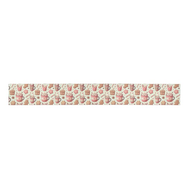 Cozy Christmas Cocoa and Gingerbread Pattern Grosgrain Ribbon (Front)