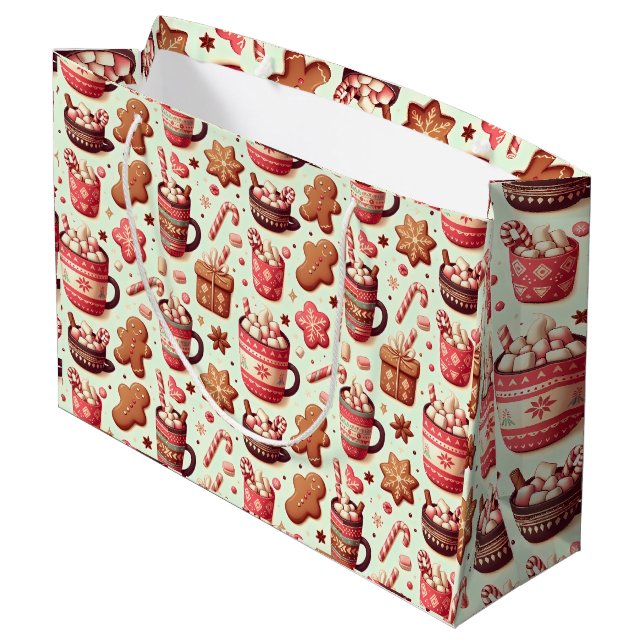 Cozy Christmas Cocoa and Gingerbread Pattern Large Gift Bag (Back Angled)