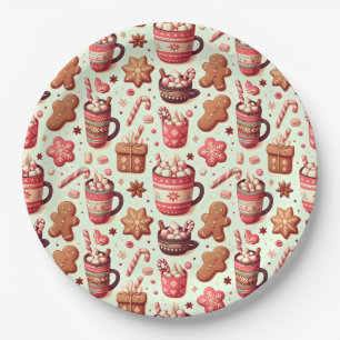 Cozy Christmas Cocoa and Gingerbread Pattern Paper Plates