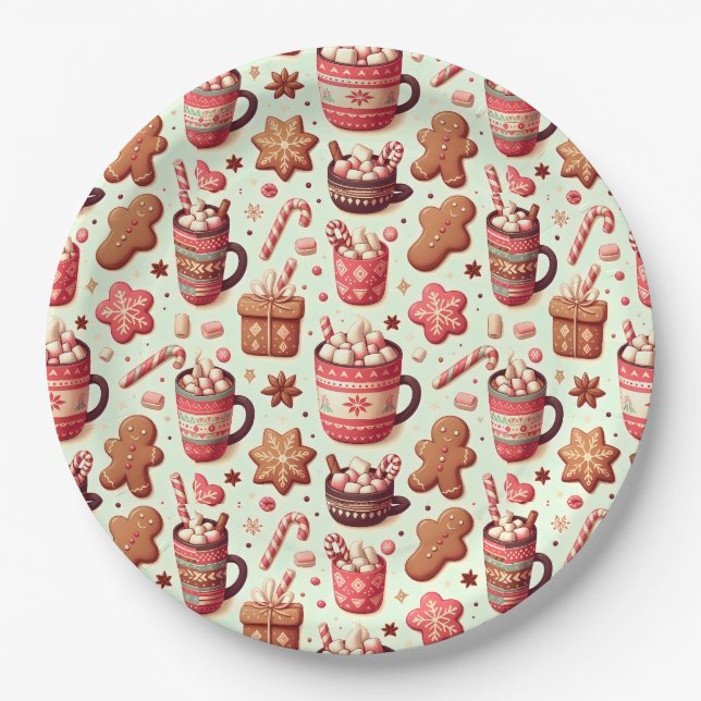 Cozy Christmas Cocoa and Gingerbread Pattern Paper Plates (Front)