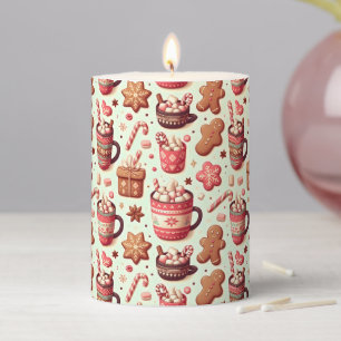 Cozy Christmas Cocoa and Gingerbread Pattern Pillar Candle