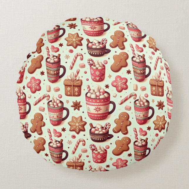 Cozy Christmas Cocoa and Gingerbread Pattern Round Pillow (Front)