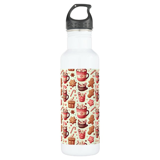 Cozy Christmas Cocoa and Gingerbread Pattern Stainless Steel Water Bottle (Front)