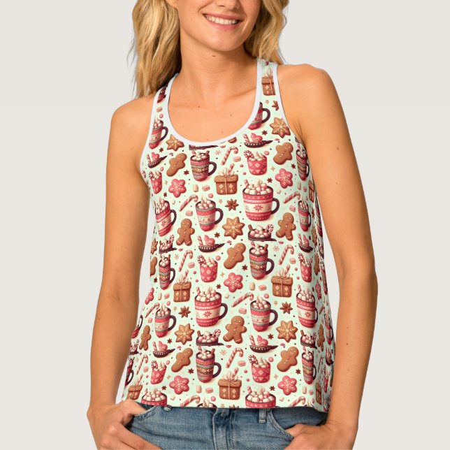 Cozy Christmas Cocoa and Gingerbread Pattern Tank Top (Front)