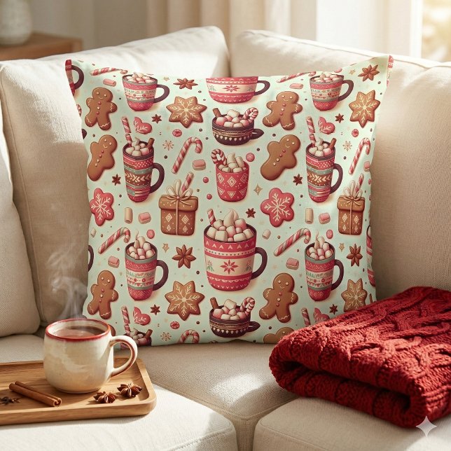 Cozy Christmas Cocoa and Gingerbread Pattern Throw Pillow (Cozy Christmas Cocoa and Gingerbread Pattern Throw Pillow Mockup A.)