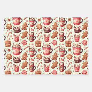 Cozy Christmas Cocoa and Gingerbread Pattern Wrapping Paper Sheets