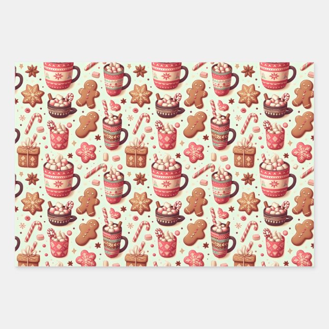 Cozy Christmas Cocoa and Gingerbread Pattern Wrapping Paper Sheets (Front)