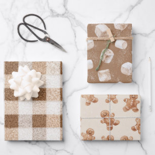 Cozy Christmas Cocoa Plaid Marshmallow Gingerbread Wrapping Paper Sheets