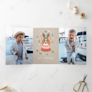 Cozy Christmas Corgi Tri-Fold Holiday Card