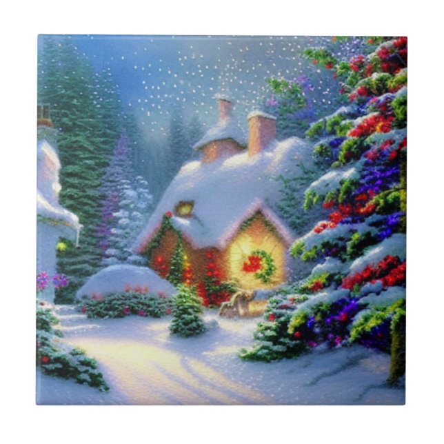 Cozy Christmas Cottage Ceramic Tile (Front)