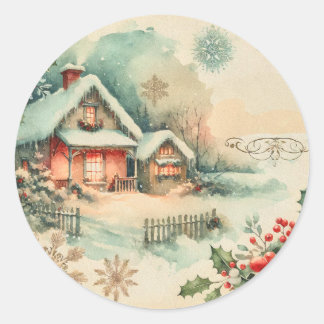 Cozy Christmas Cottage Classic Round Sticker