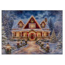 Cozy Christmas Cottage Glass Cutting Board